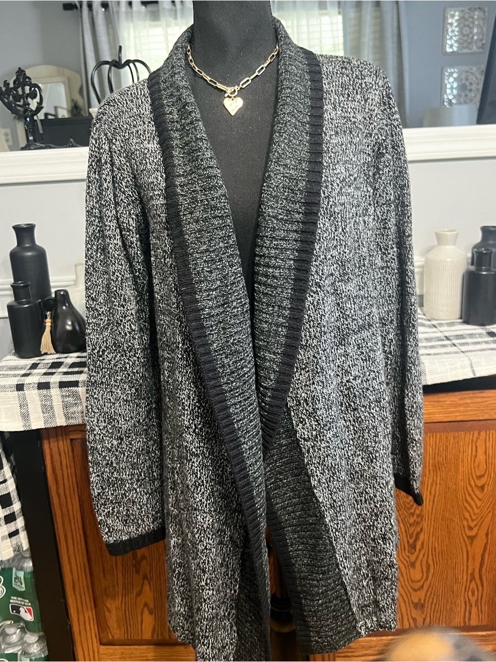 Karen Scott Cozy Open-Front Shawl Collar Cardigan Jacket - Black & Gray